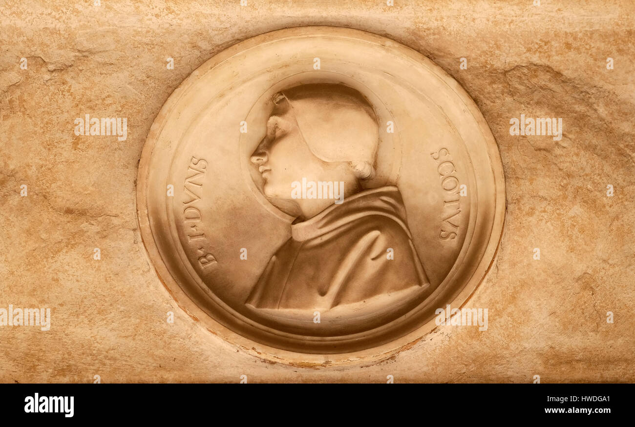 Blessed Duns Scotus, bass relief in portico of church dei Santi XII Apostoli in Rome, Italy on September 03, 2016. Stock Photo