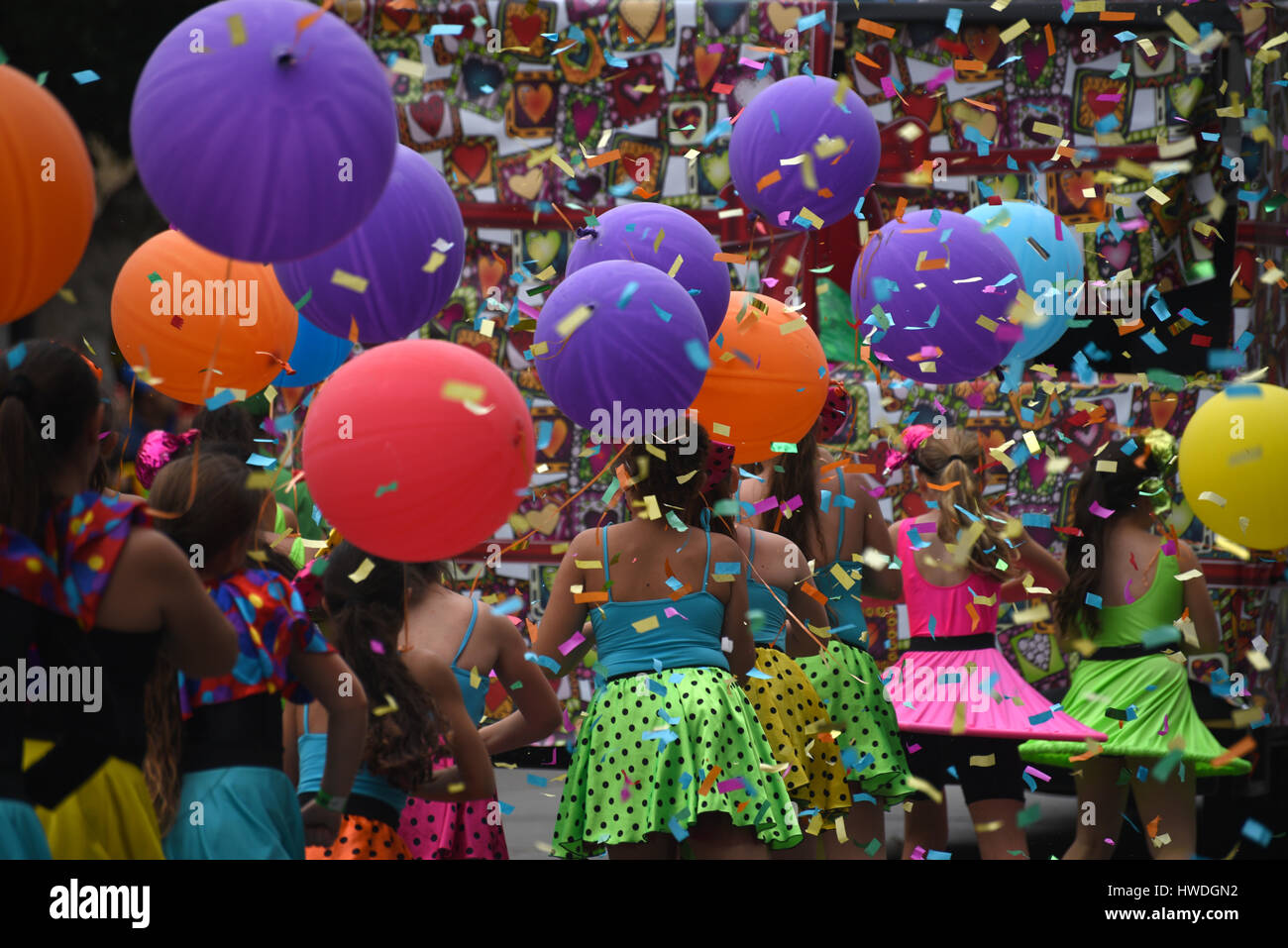 Ticker tape parade with colorful balloons Stock Photo Alamy