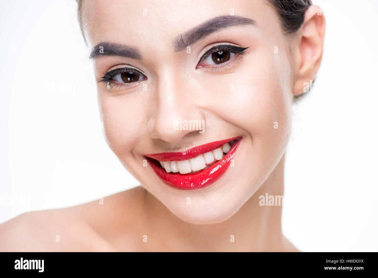 Portrait of beautiful woman with juicy red lips isolated on white Stock Photo