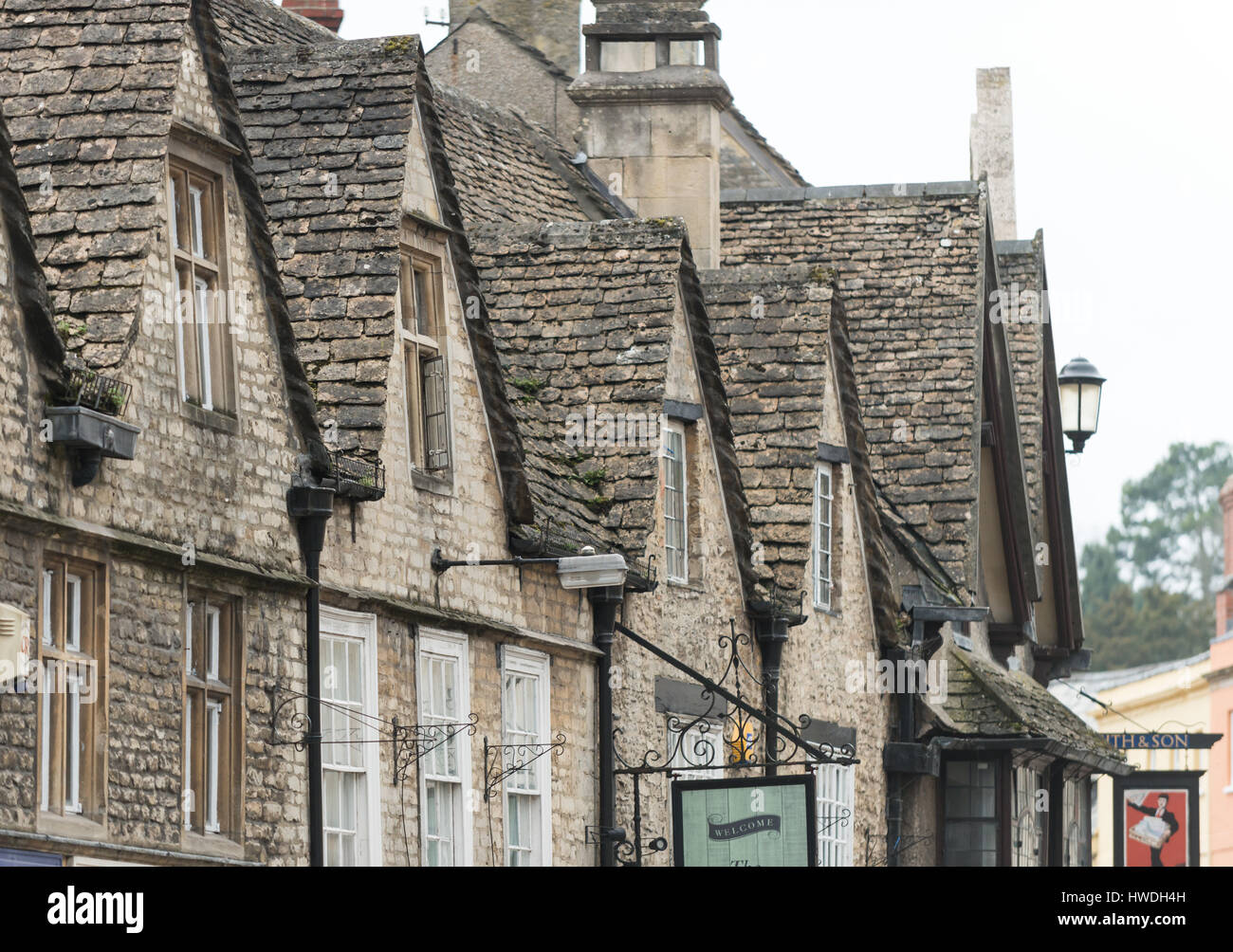 Building details of this historic Cotswolds market town on Castle Street, Cirencester in the Cotswolds, Gloucester, England, UK Stock Photo