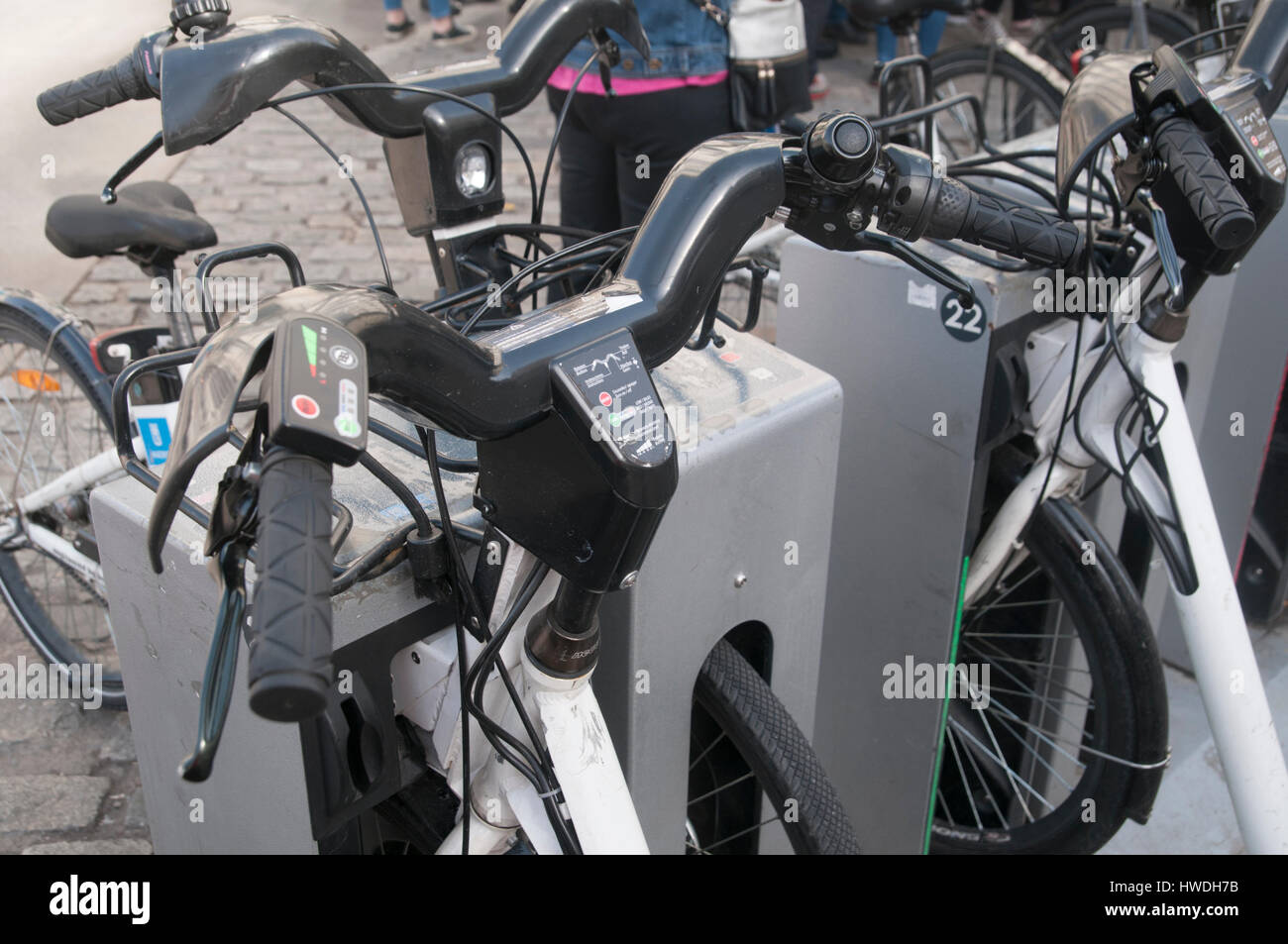 BiciMad Madrid city bicycle rental station at Puerta del sol, Madrid, Spain Stock Photo