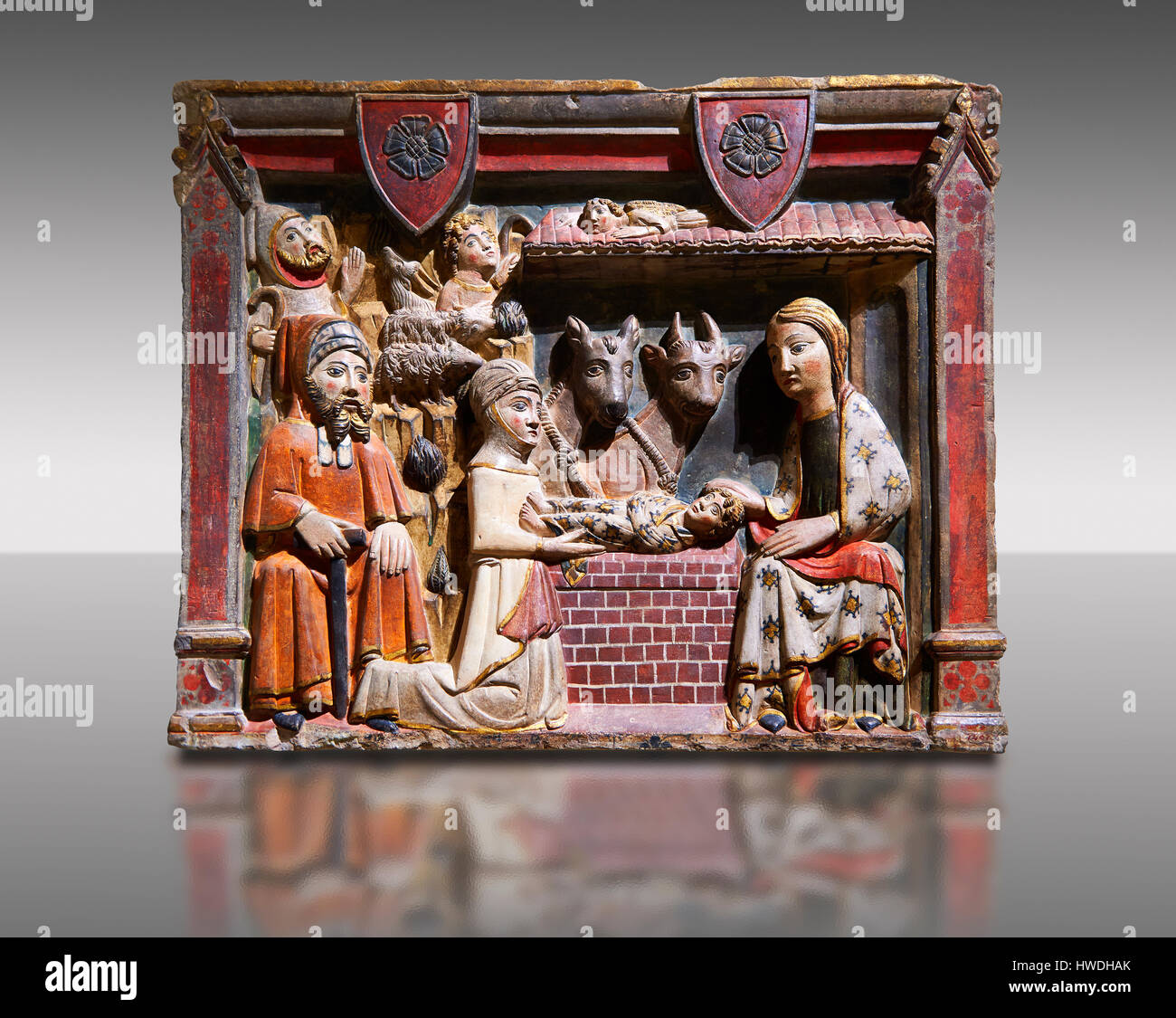 Gothic painted bas-relief of the Nativity by Master of Albesa. National Museum of Catalan Art, Barcelona, Spain, inv no: 017342-000 Stock Photo