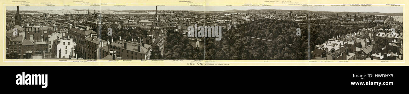 Antique 1883 monochromatic print from a souvenir album, showing a period bird's eye view of the Boston, Massachusetts skyline from the Massachusetts State House. Landmarks are labeled in margins. Printed with the Glaser/Frey lithographic process, a multi-stone lithographic process developed in Germany. Stock Photo