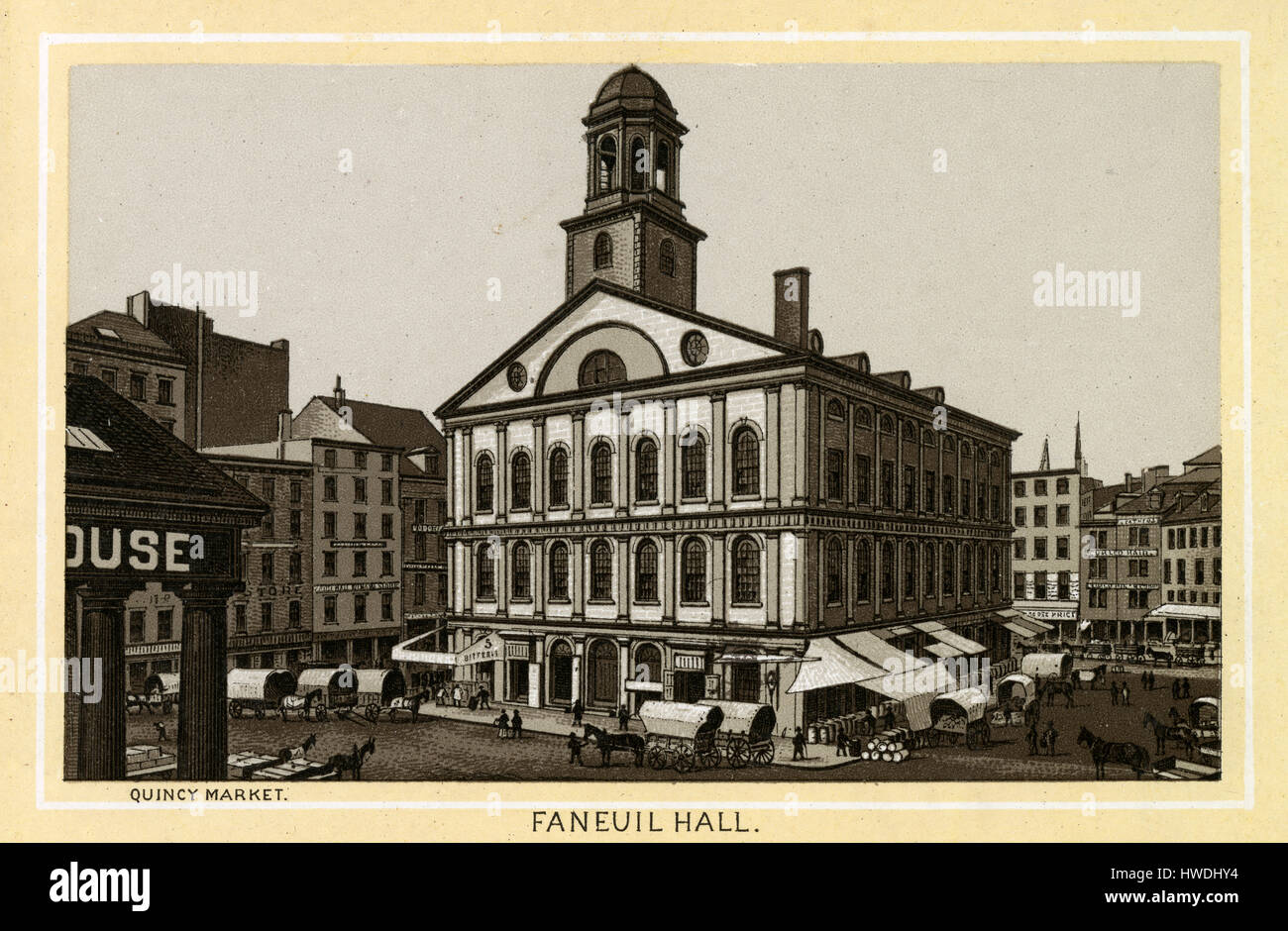 Antique 1883 monochromatic print from a souvenir album, showing Quincy Market at Faneuil Hall. Faneuil Hall located near the waterfront and today's Government Center, in Boston, Massachusetts, has been a marketplace and a meeting hall since 1743. Printed by the Glaser/Frey lithographic process, a multi-stone lithographic process developed in Germany. Stock Photo