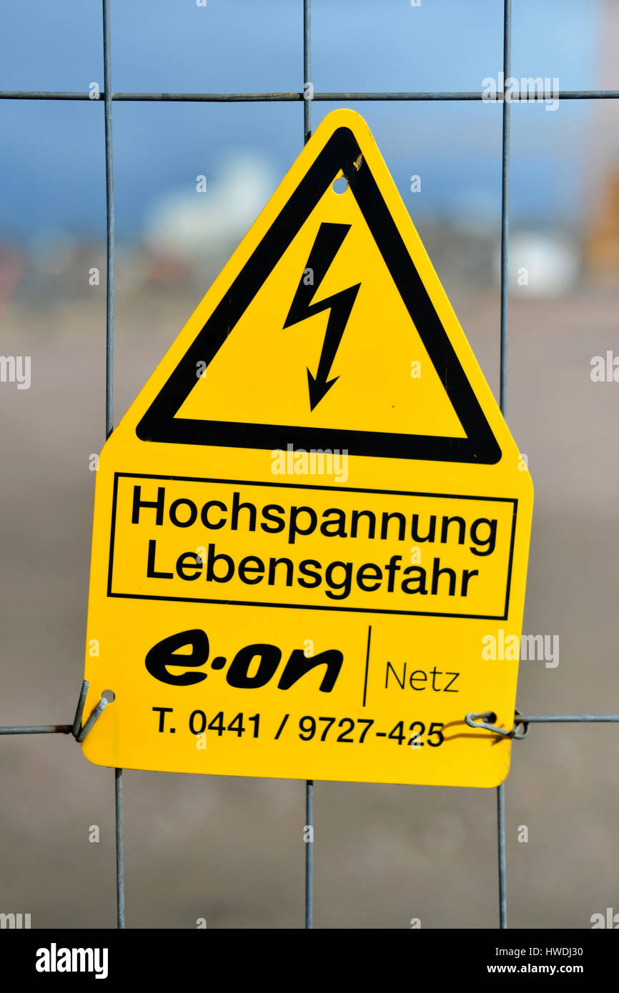 Oldenburg, Germany, warning sign against danger of life due to high voltage Stock Photo