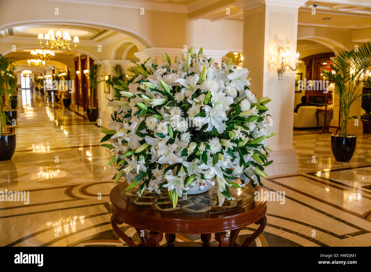 Floral display of lilies in the reception lobby of the luxurious five star Imperial Hotel, New Delhi, Punjab State, capital city of India Stock Photo