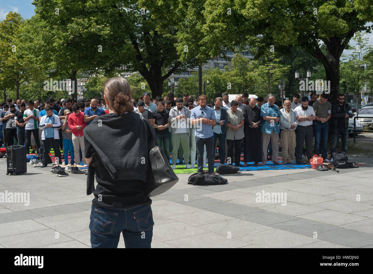 Berlin, Germany, Muslims participate in traditional Friday prayers Stock Photo
