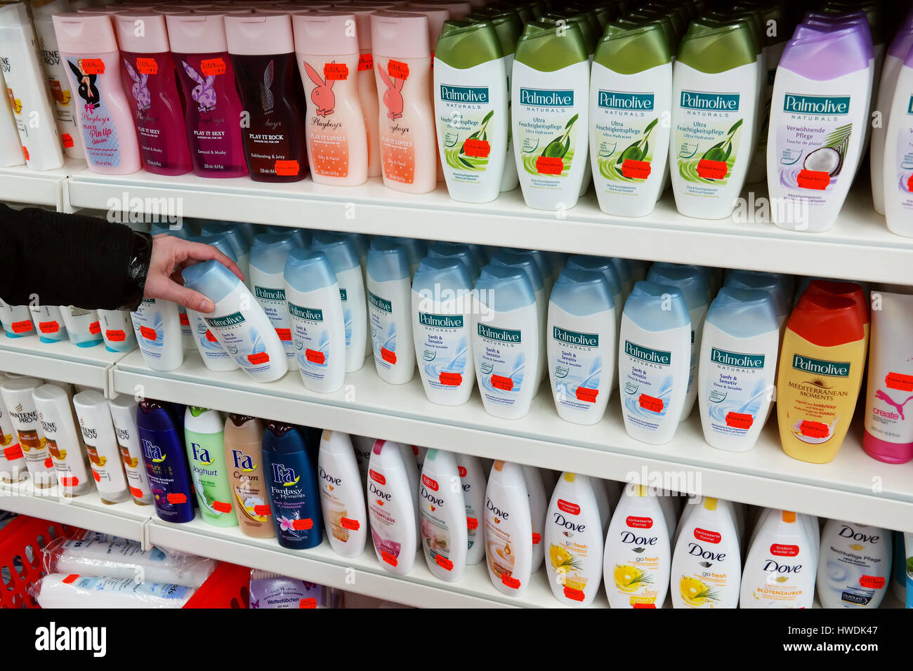 Aisle with a variety of shower gel products. Stock Photo