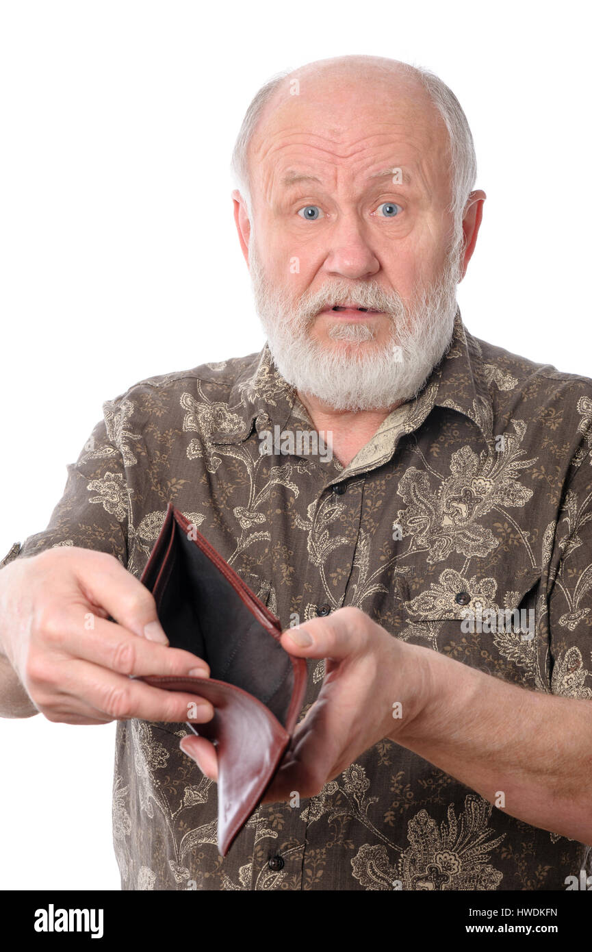 Senior man shows empty purse, isolated on white Stock Photo