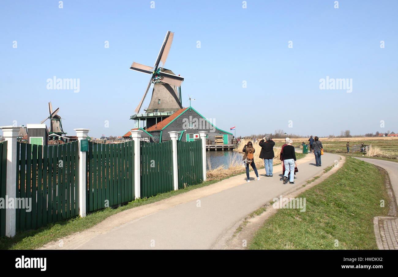 18th century windmill De Kat (The Cat), oldest functioning dyemill in the world at Zaanse Schans, Zaandam / Zaandijk, Netherlands Stock Photo