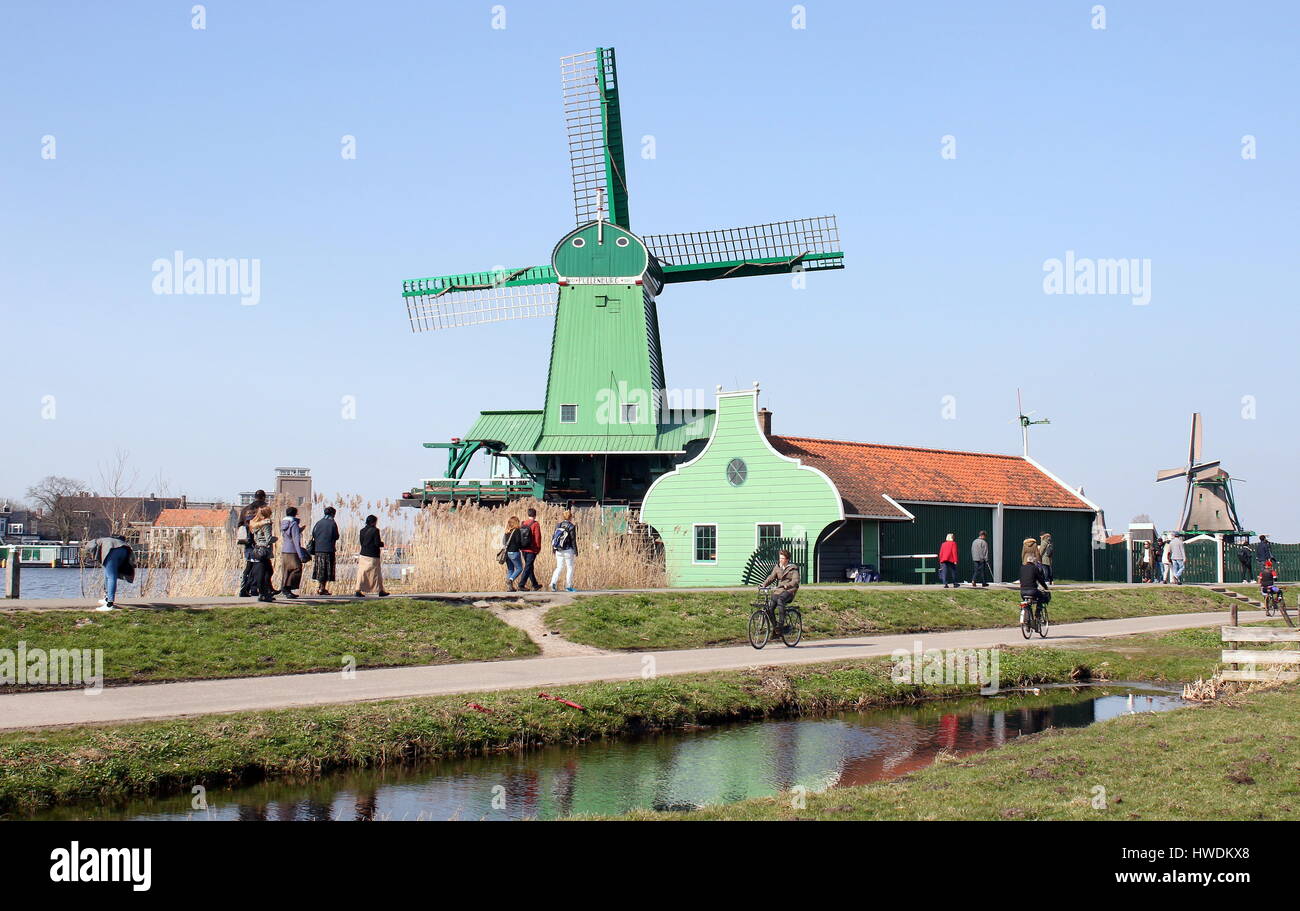 Sawmill De Gekroonde Poelenburg ('the crowned poelenburg') at Zaanse Schans, Zaandam / Zaandijk, Netherlands. Stock Photo