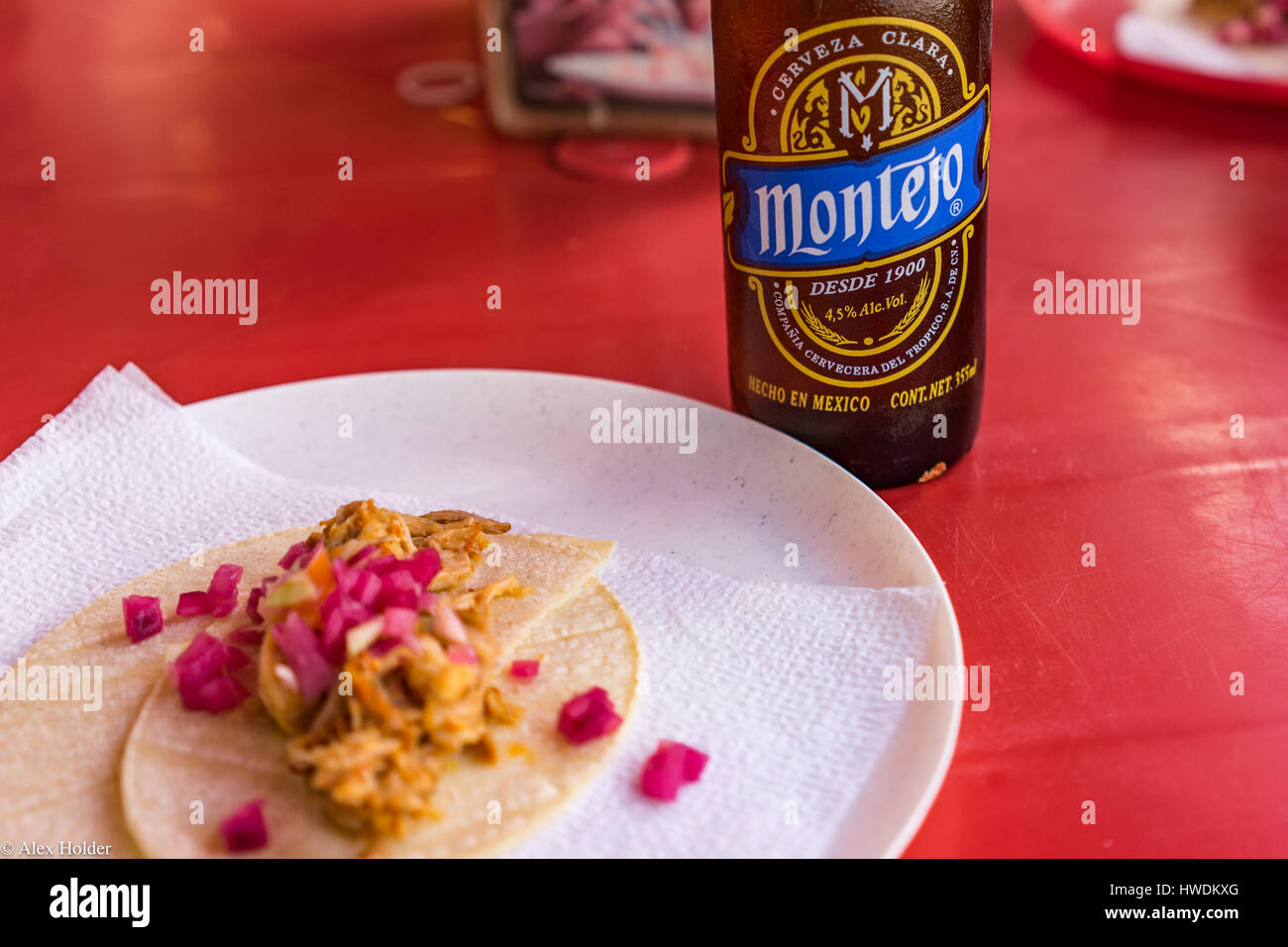 Taco and beer in a Cozumel Taqueria Stock Photo
