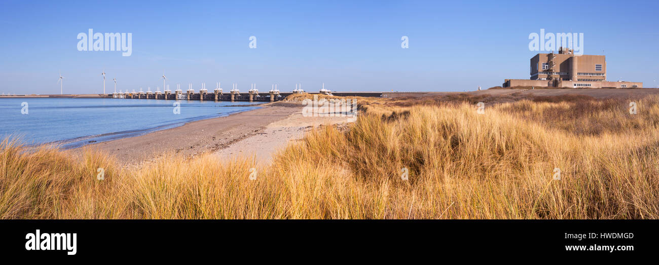 The Eastern Scheldt Storm Surge Barrier at Neeltje Jans in the province of Zeeland in The Netherlands. Stock Photo