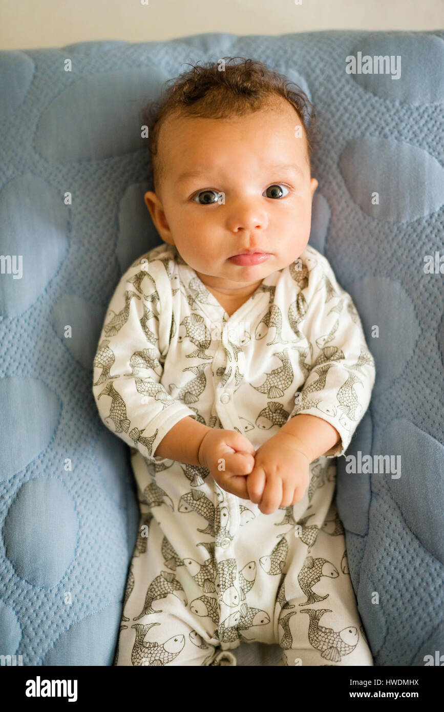Portrait of baby boy lying on blanket, overhead view Stock Photo Alamy