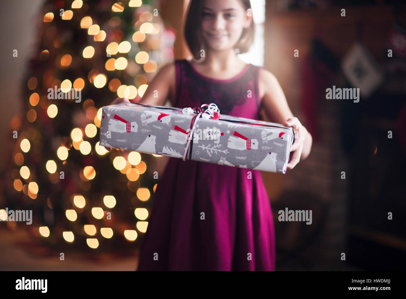 Young girl holding christmas gift Stock Photo - Alamy