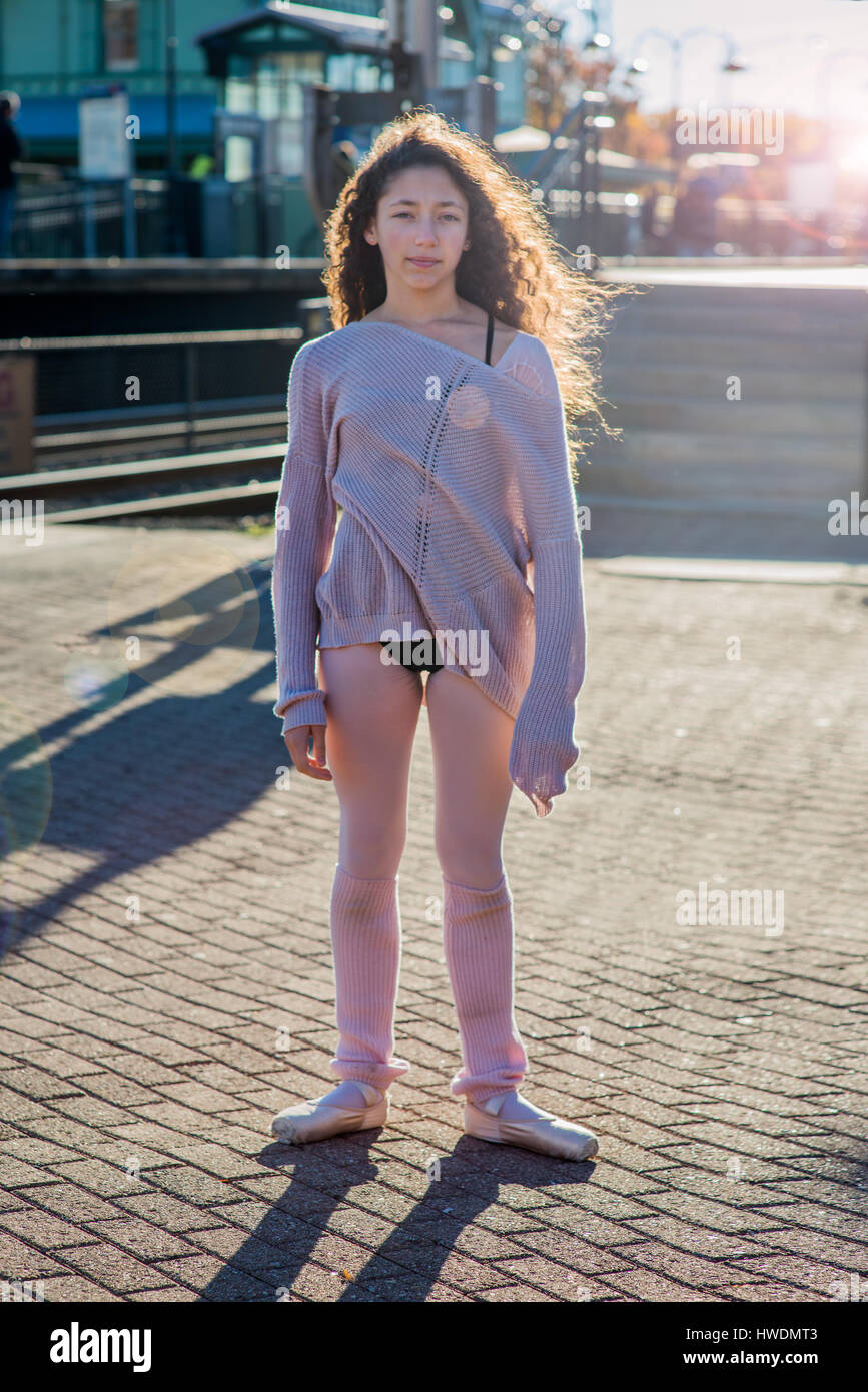 Portrait of teenage girl wearing dancewear, outdoors Stock Photo