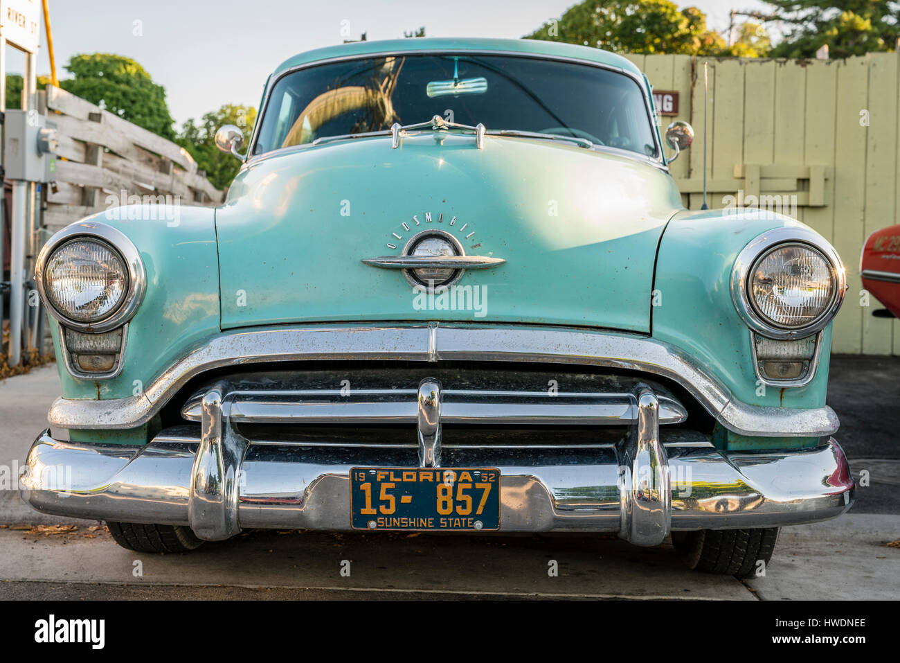 Leland, Michigan, August 8, 2016: 1952 Oldsmobile 88. Front view Stock Photo