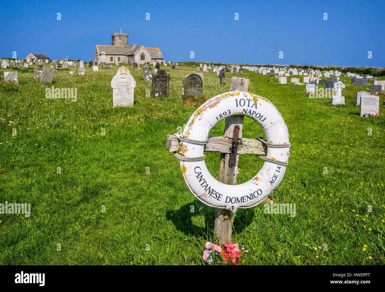 United Kingdom, South West England, Cornwall, Tintagel, Parish Church of Saint Materiana and churchyard, grave of Italian sailor Domenico Catanese, wh Stock Photo