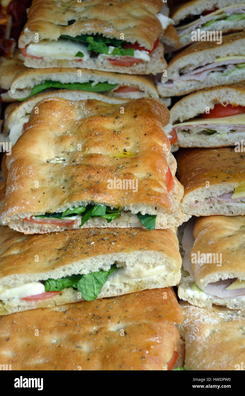 Italian focaccia sandwiches in a shop window display. Stock Photo