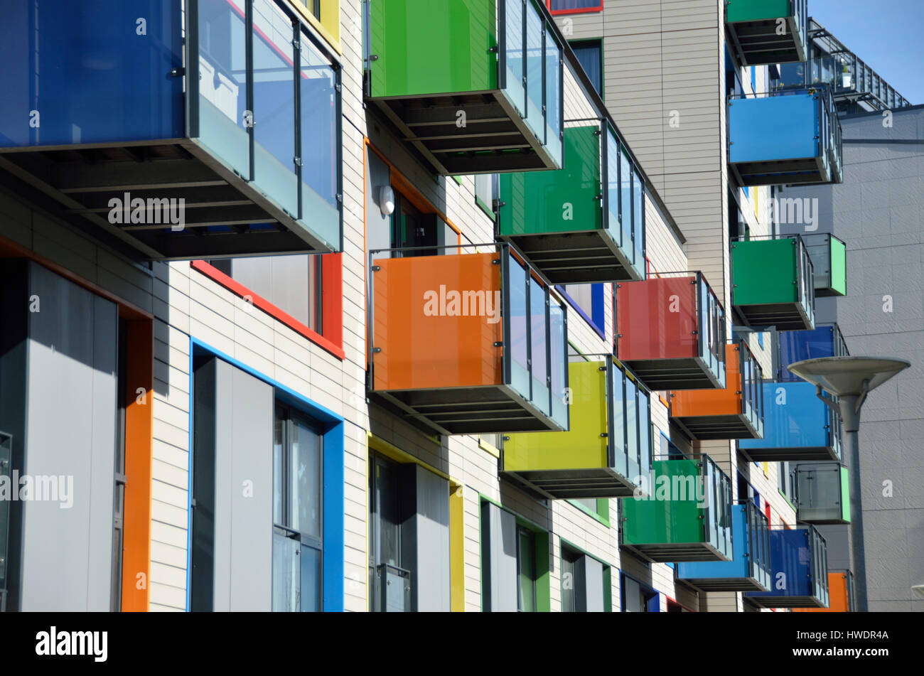 Colourful apartment exteriors in Hale Village, Tottenham Hale, London