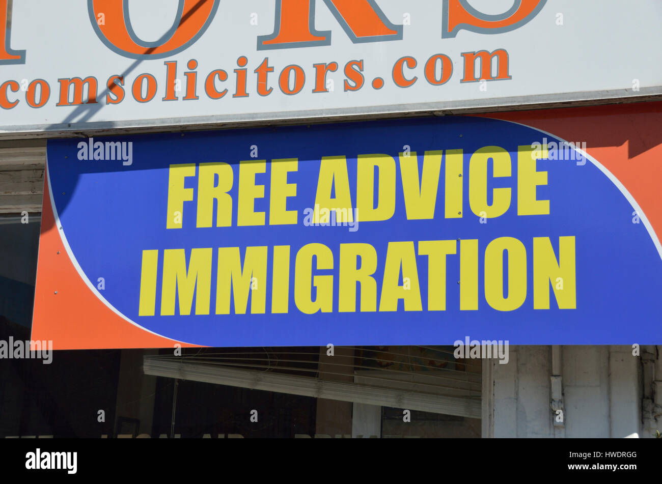 Free Immigration Advice sign outside a solicitor’s office. Stock Photo
