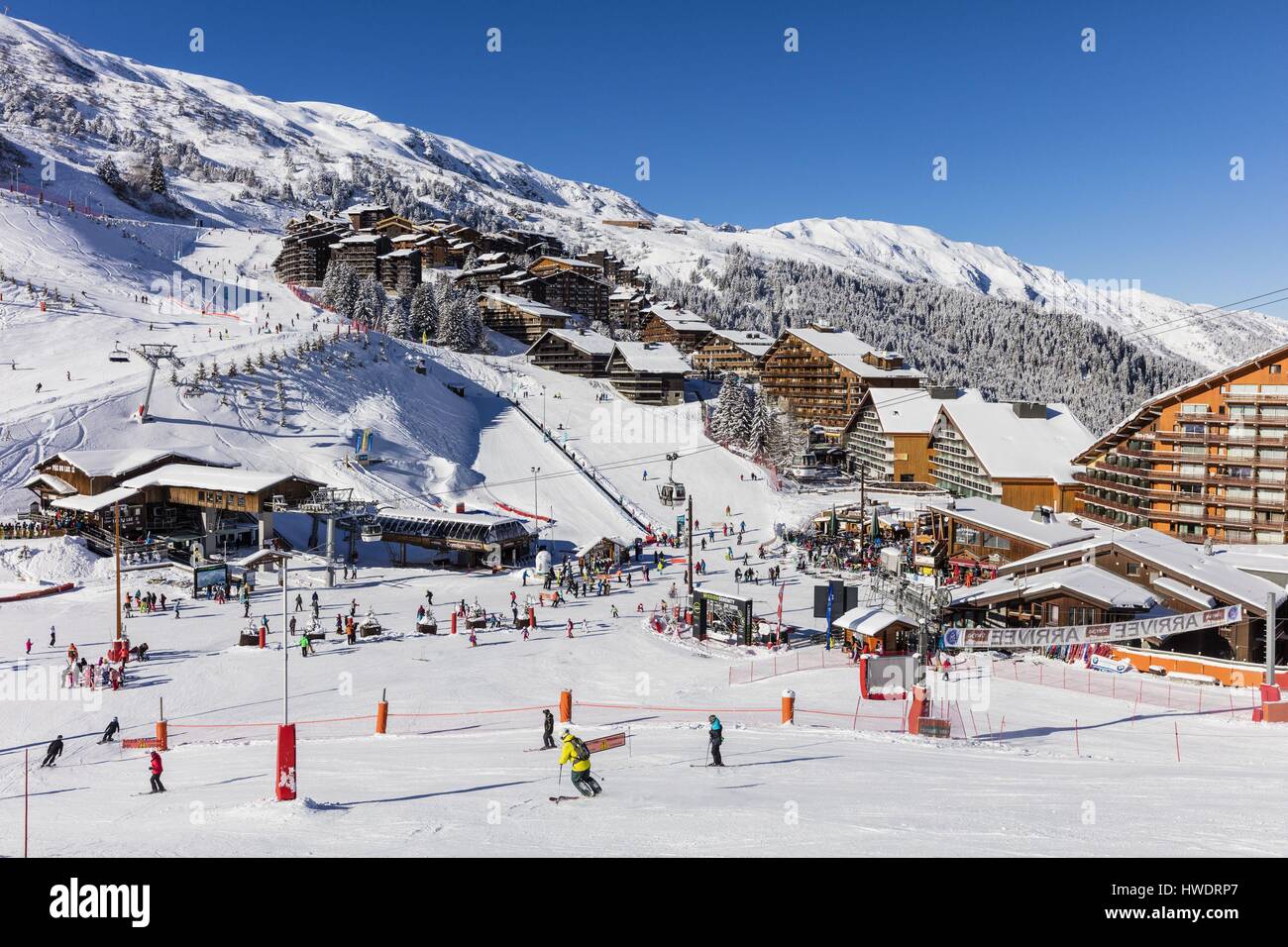 France, Savoie, Tarentaise valley, Meribel Mottaret is one of the largest skiresort village in France, in the heart of Les Trois Vallees (The Three Valleys), one of the biggest ski areas in the world with 600km of marked trails, western part of the Vanoise Massif Stock Photo