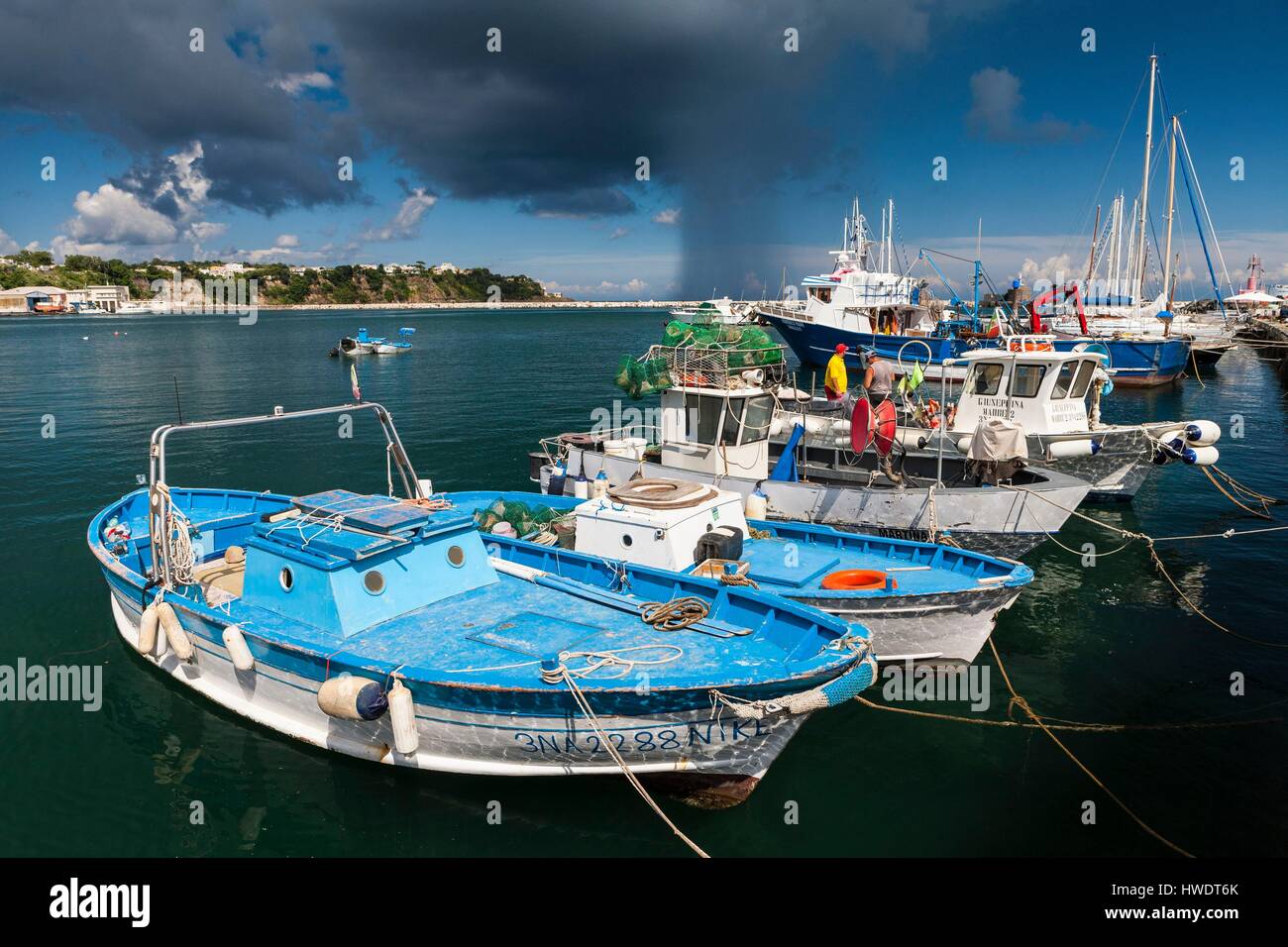 Italy, Campania, Bay of Naples, Procida Island, small fishing port of Corricella Stock Photo