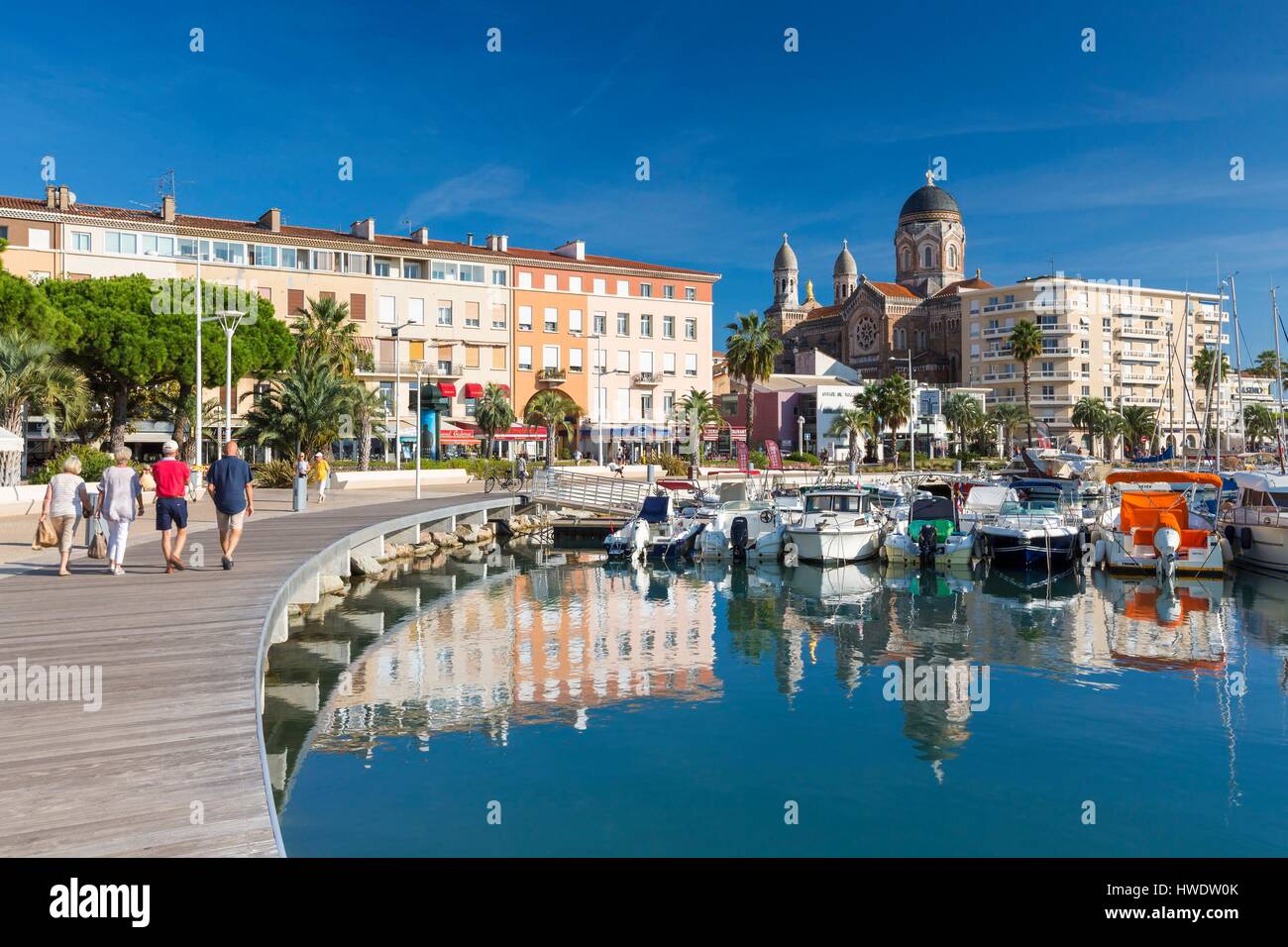 France, Var, Saint Raphael, old harbour promenade and Notre-Dame de la ...