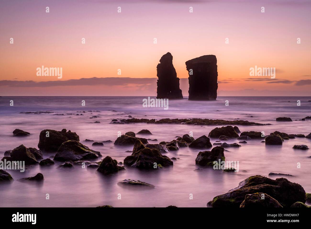 Portugal, Azores archipelago, Sao Miguel island, Mosteiros, Mosteiros islands at sunset Stock Photo