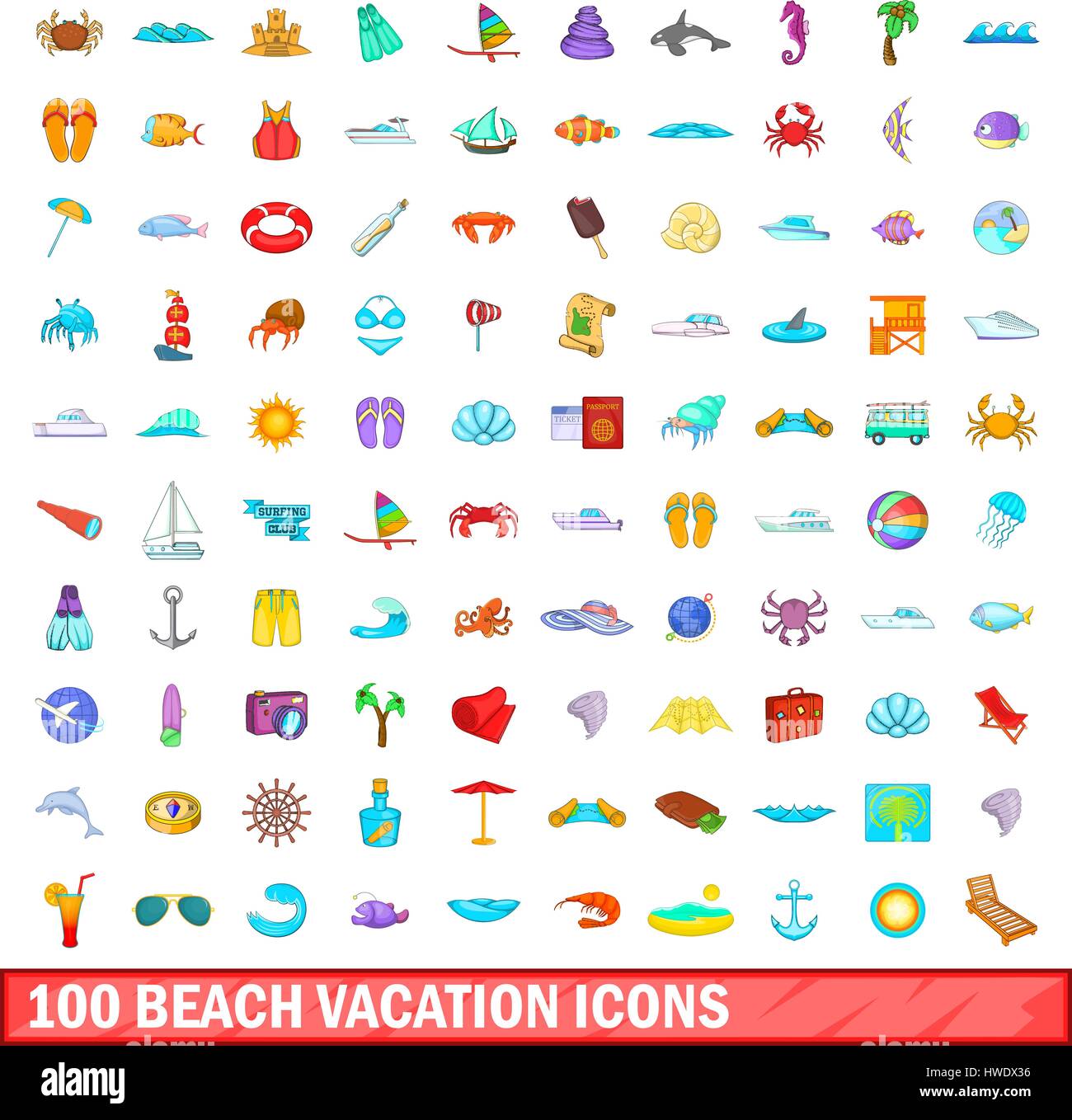 100 beach vacation icons set, cartoon style Stock Vector Image & Art ...