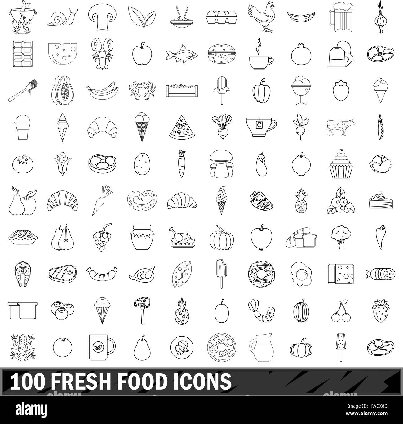 100 fresh food  icons set, outline style Stock Vector