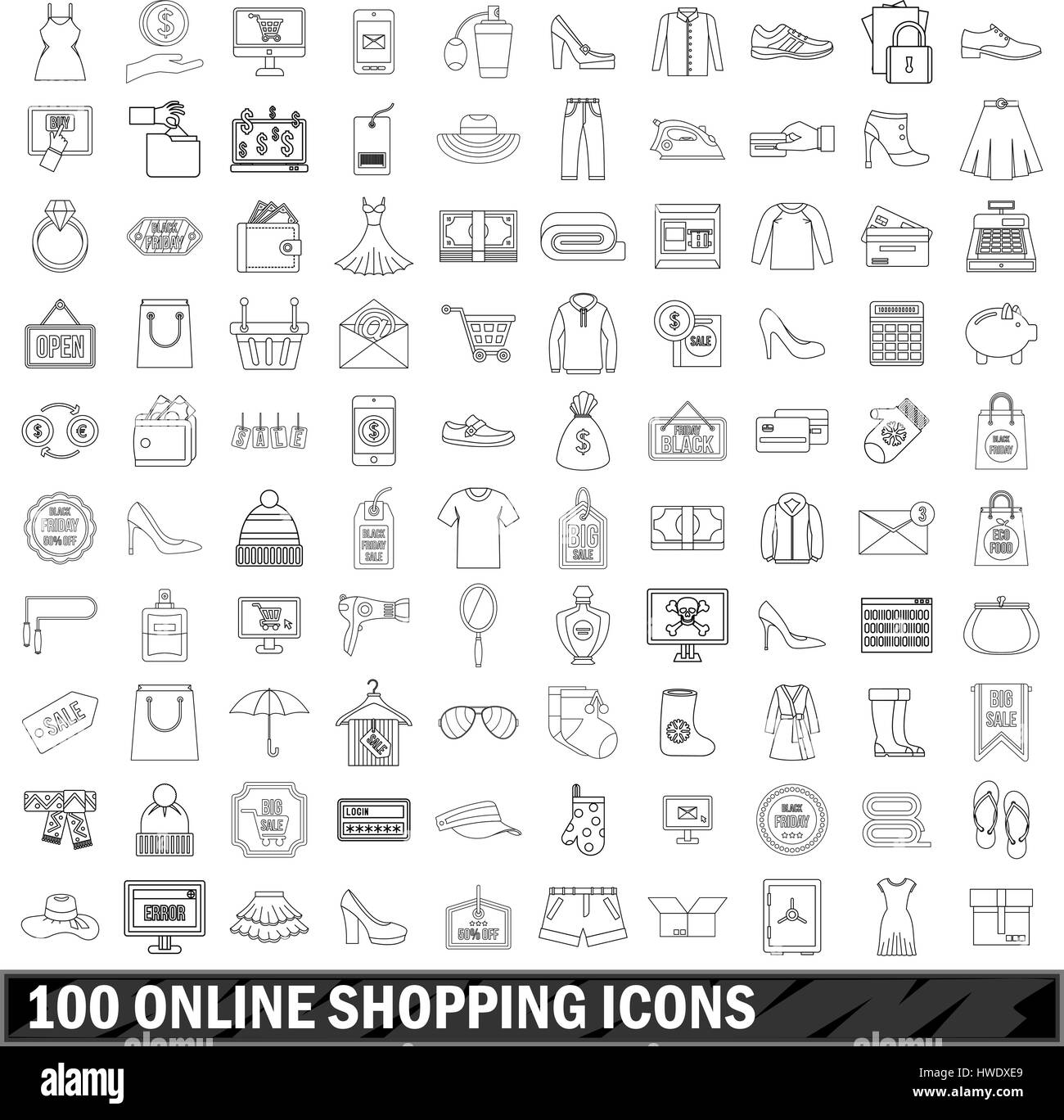 100 online shopping icons set, outline style Stock Vector Image & Art ...