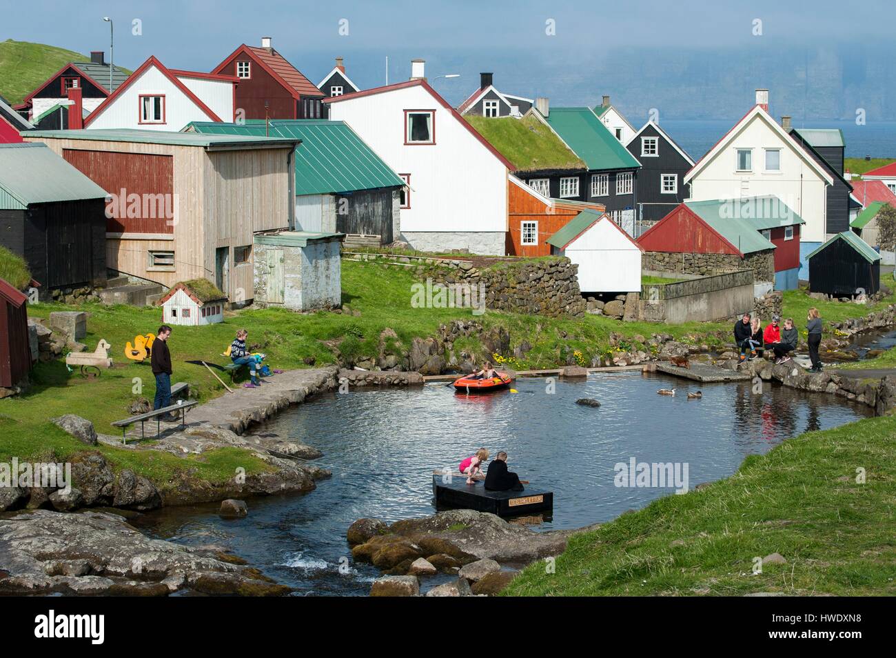 Denmark, Faroe Islands, Eysturoy Island, Gjogv, colorful houses