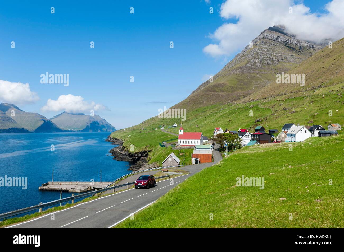 Denmark, Faroe Islands, Kunoy island, Kunoy, Kalsoy island on the left Stock Photo