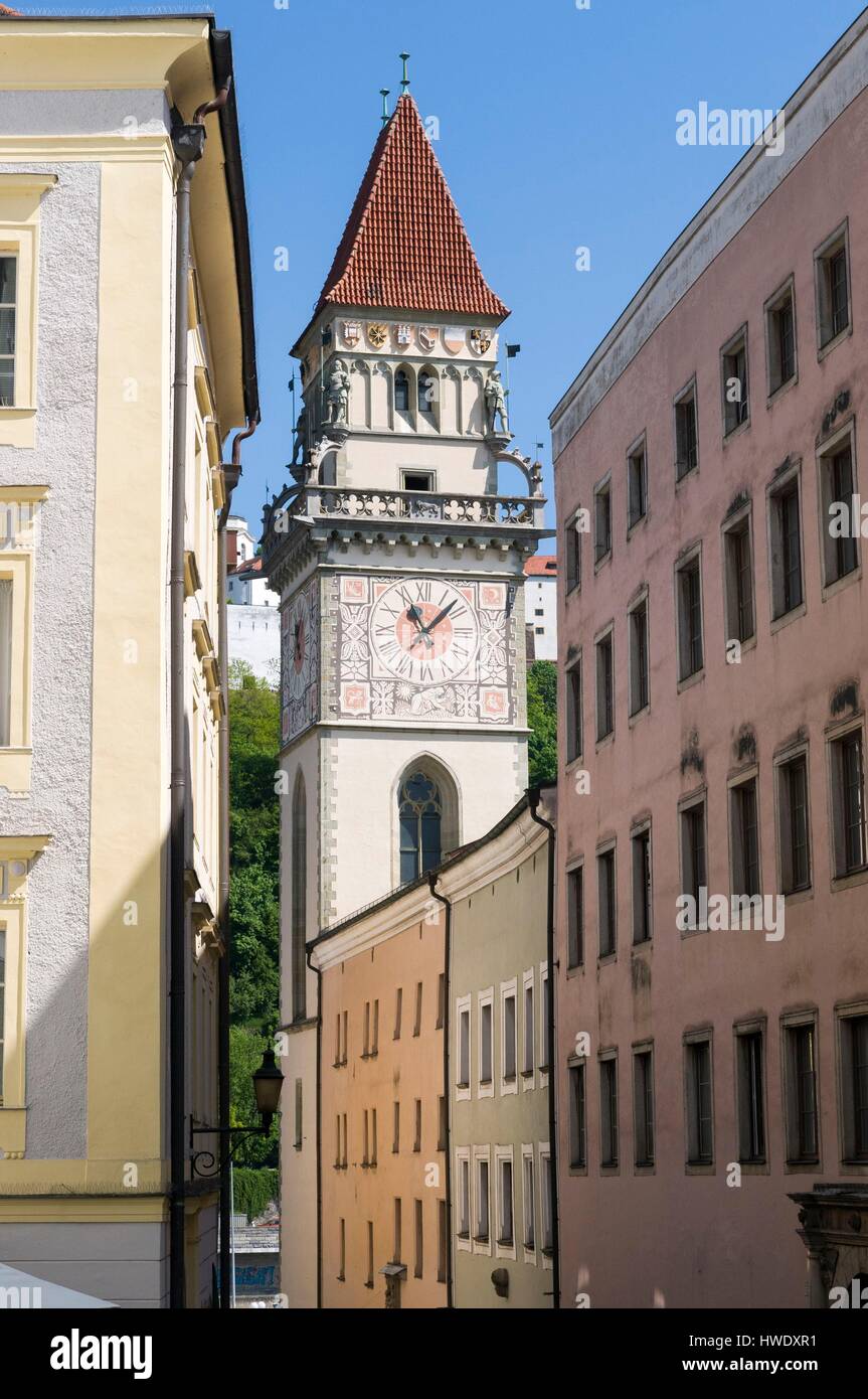 Germany, Bavaria, Passau, Old Town, City Hall Tower Stock Photo
