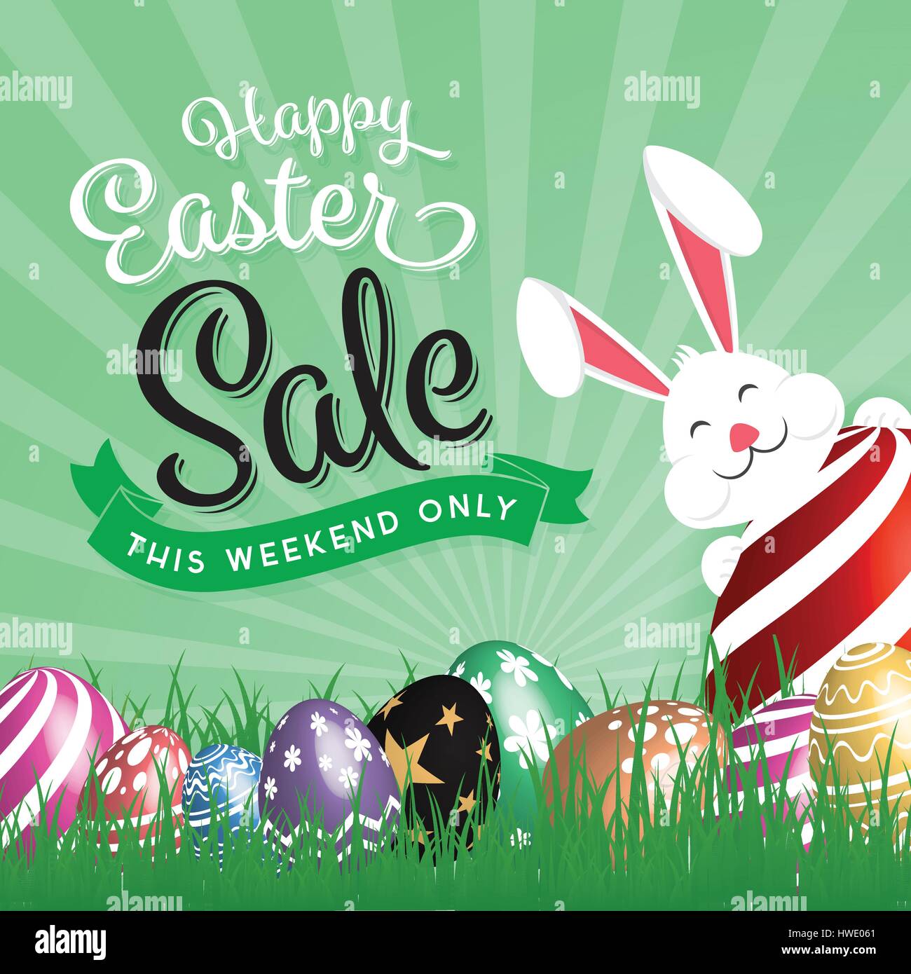 Happy Easter Sale Promotion. Painting Eggs Hidden on Green Grass With