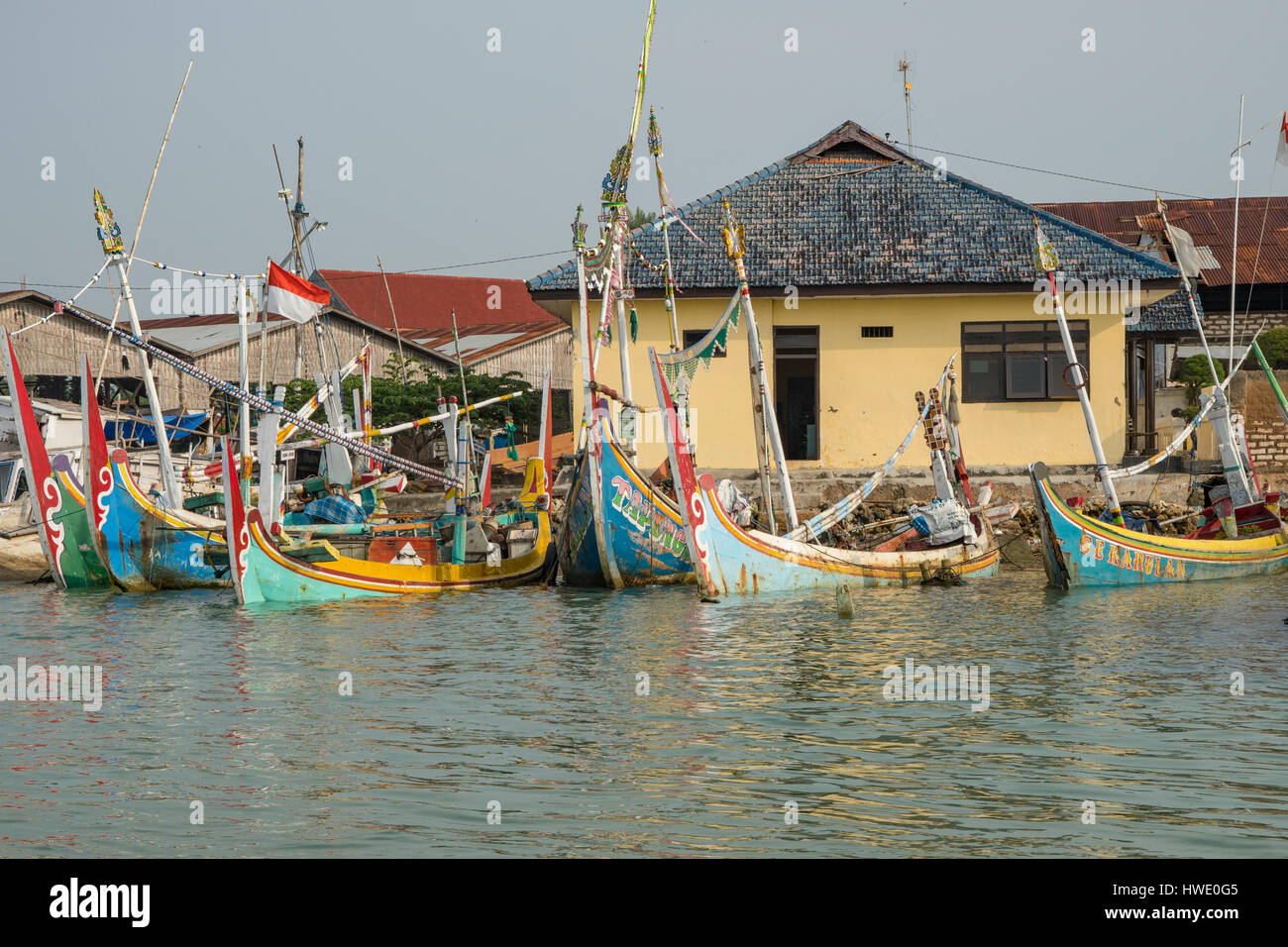 Colourful Boats in Harbour, Sumenep, Madura, Indonesia Stock Photo