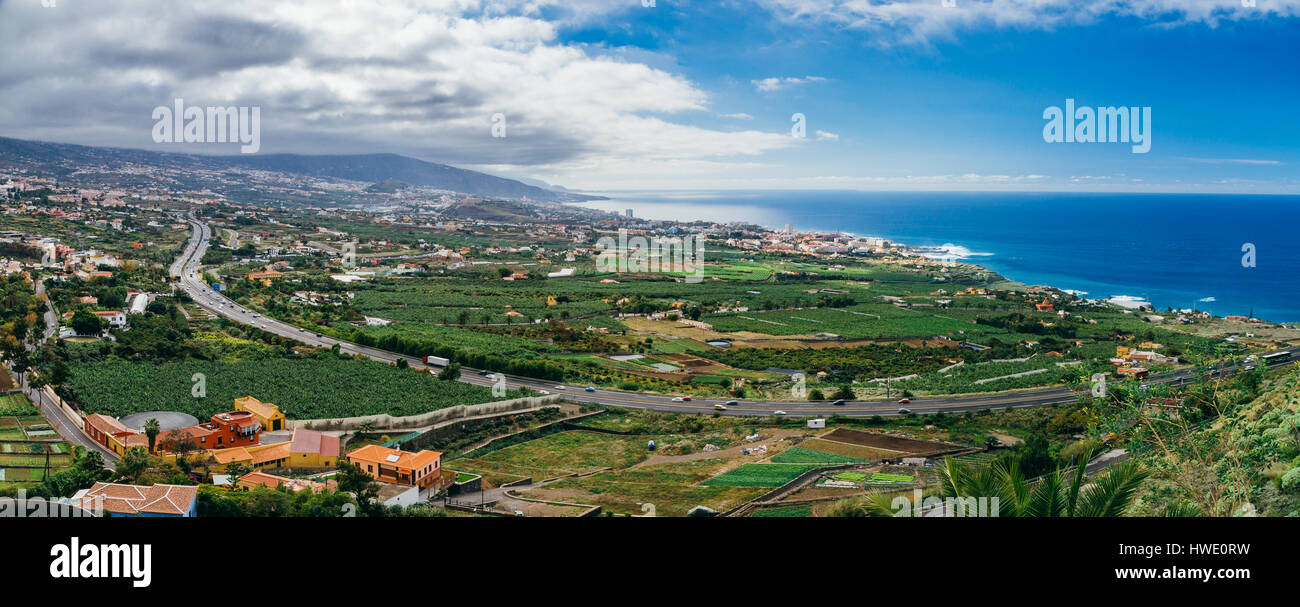 Panoramic view on Puerto de la Cruz and route TF-5, Tenerife island, Spain Stock Photo