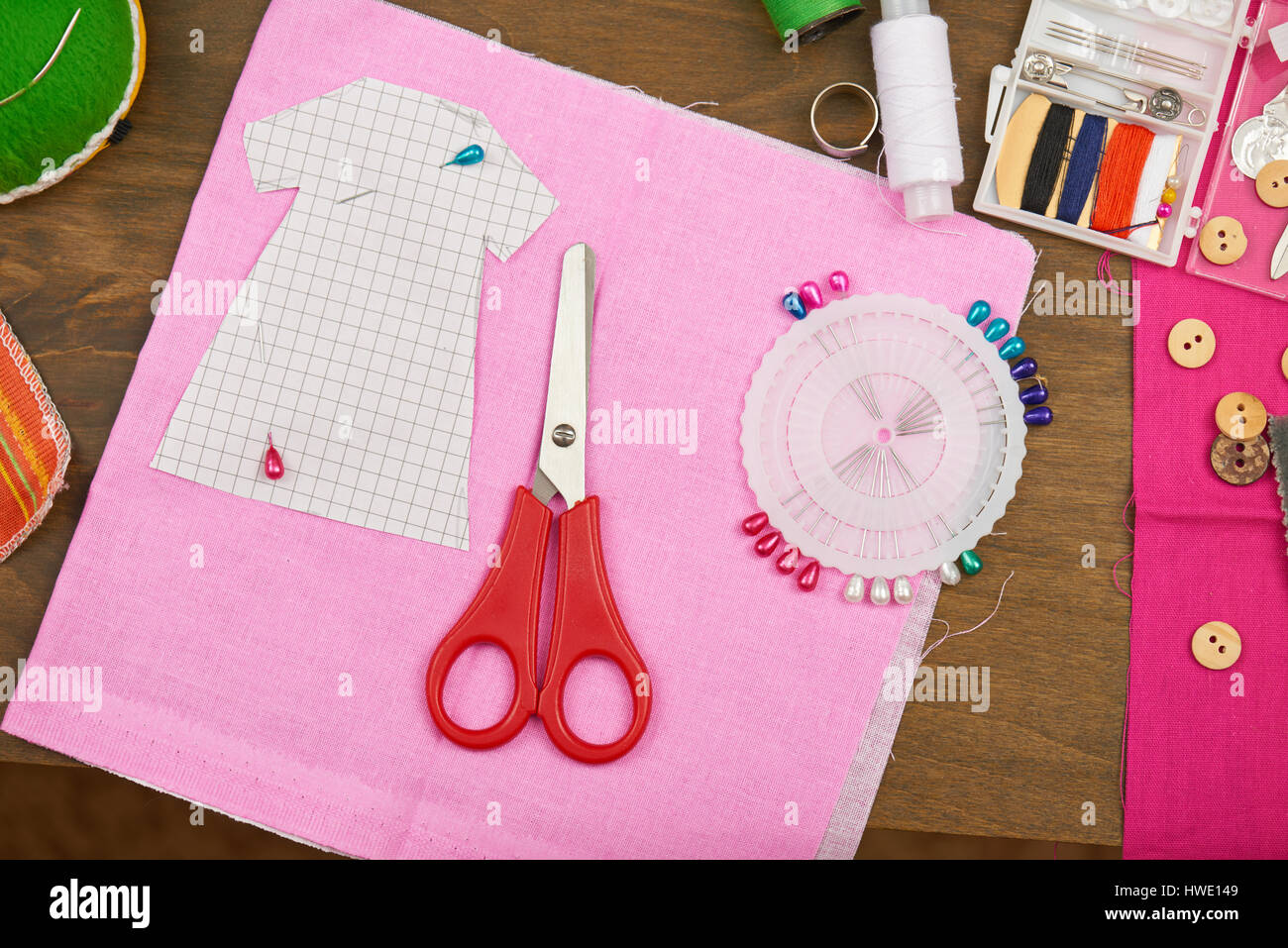 the pattern of clothing, sewing accessories top view, seamstress