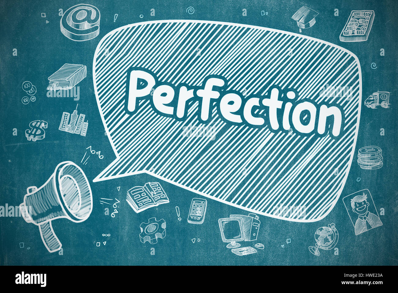 Perfection - Hand Drawn Illustration on Blue Chalkboard. Stock Photo