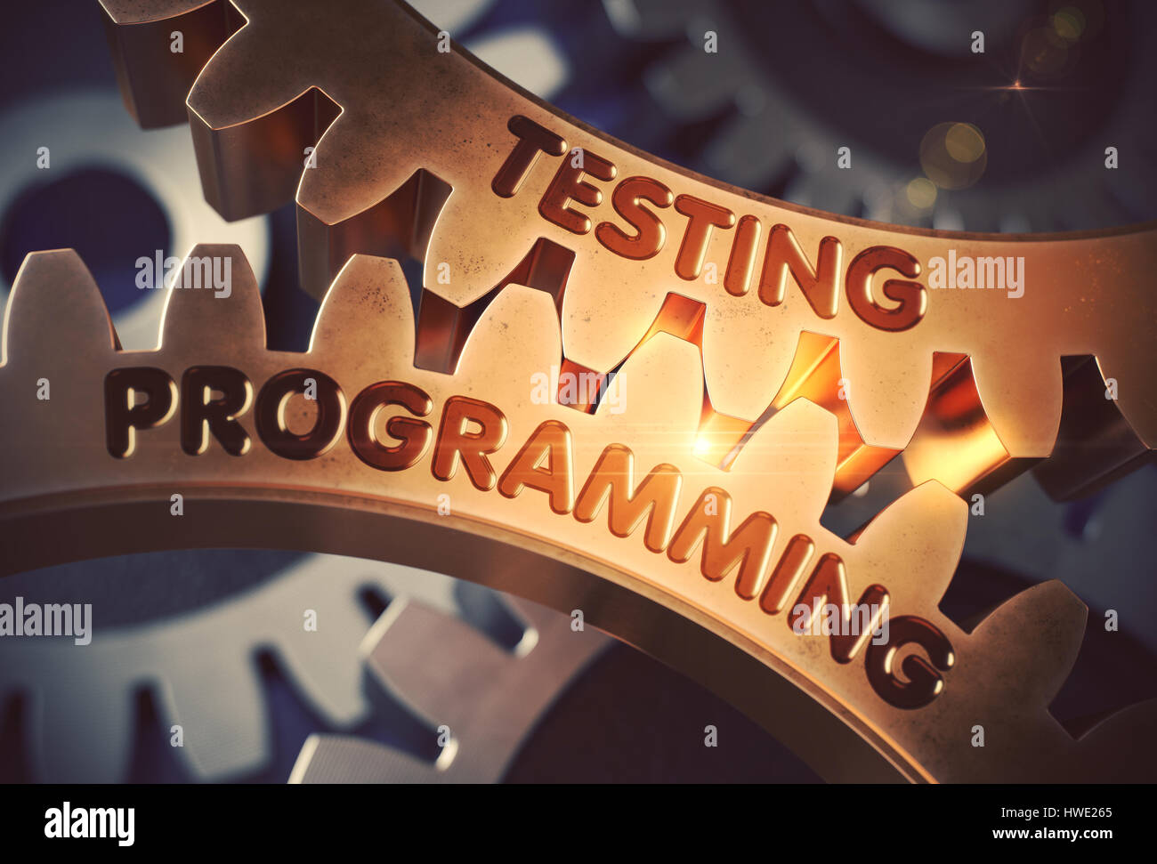 Testing Programming on Golden Cog Gears. 3D Illustration Stock Photo ...