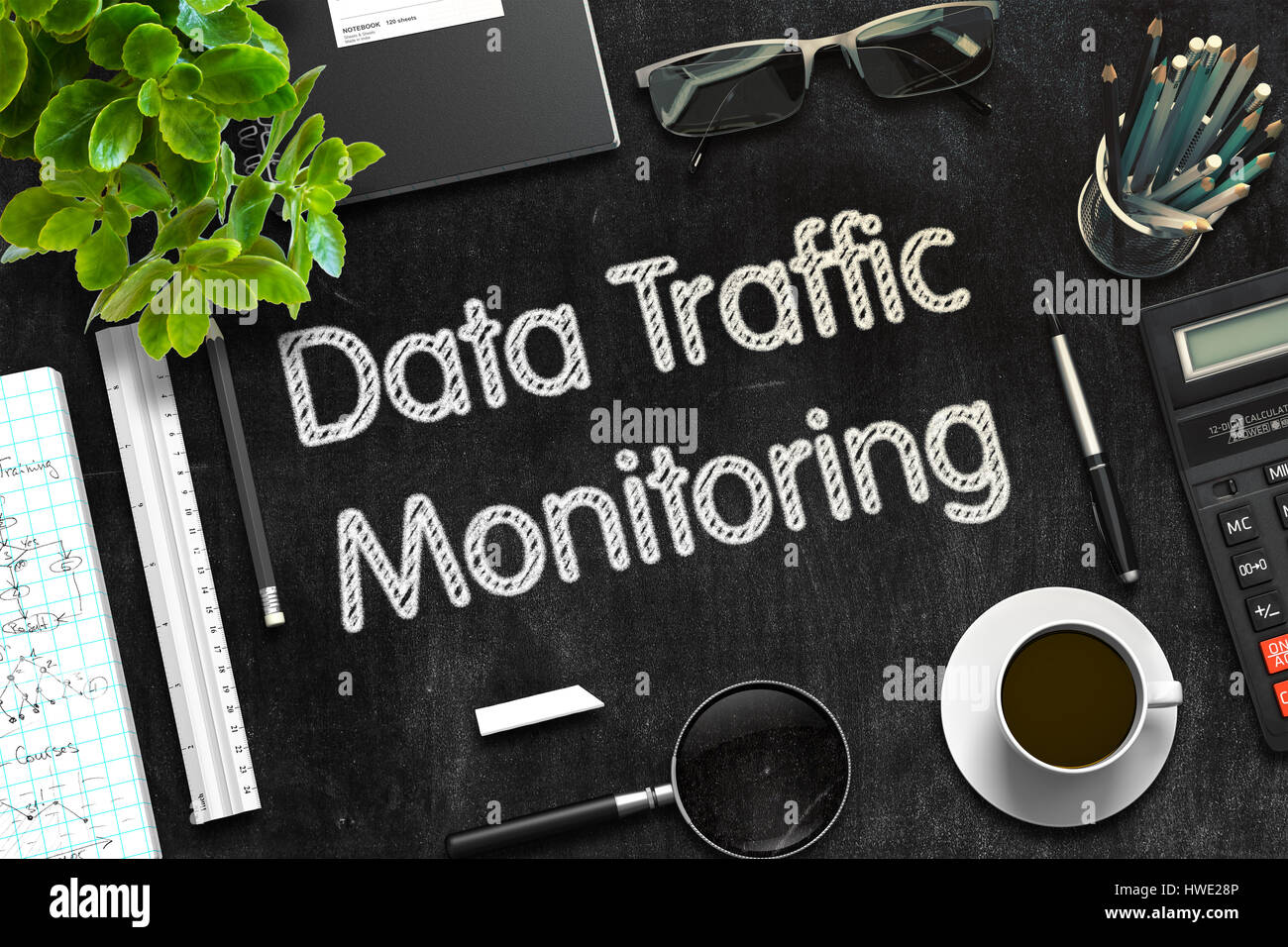 Data Traffic Monitoring on Black Chalkboard. 3D Rendering Stock Photo