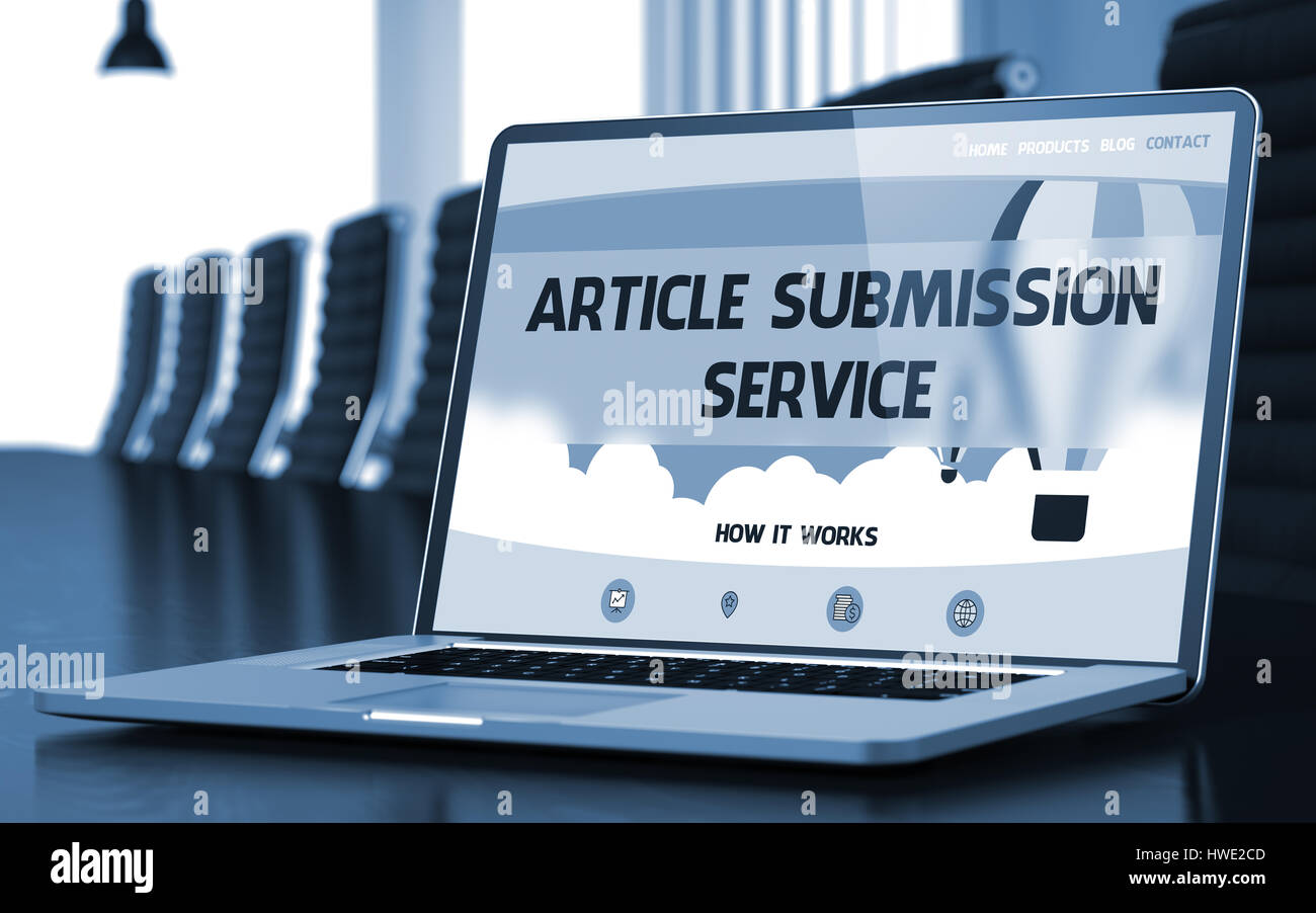 Article Submission Service on Laptop in Conference Room. 3d. Stock Photo