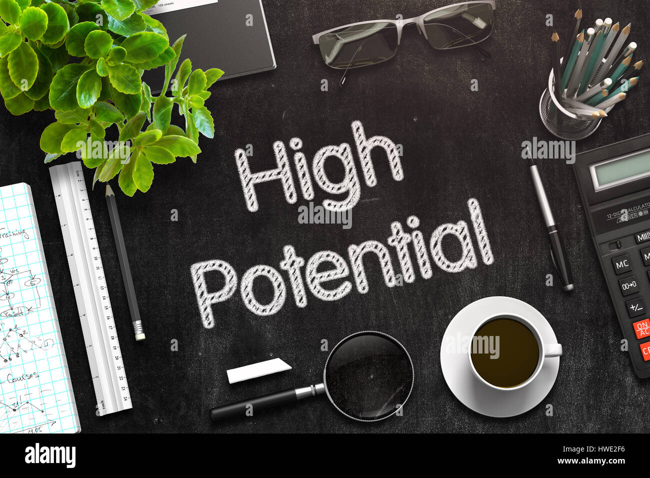 High Potential on Black Chalkboard. 3D Rendering. Stock Photo