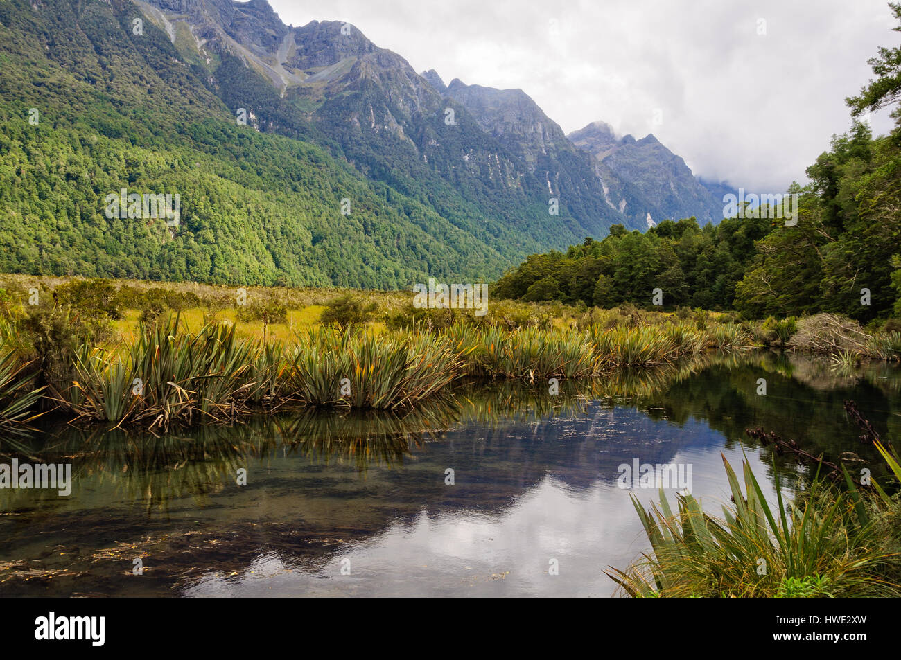 Mirror Lake in the Fiordland National Park on the South Island of New Zealand Stock Photo