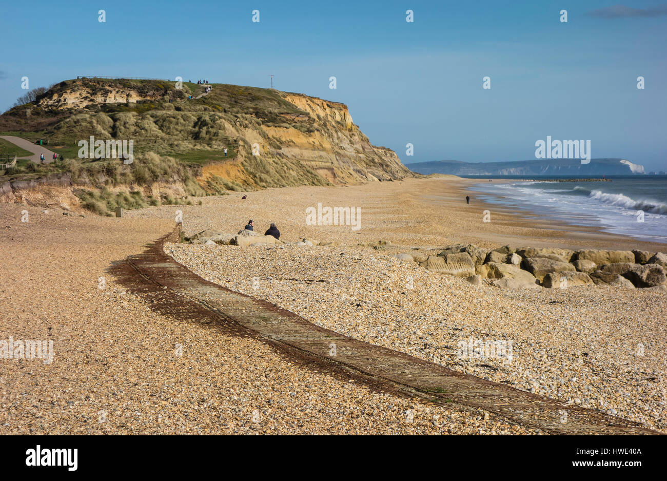 A view of Hengistbury Head looking East with the Isle of Wight, IoW, in ...