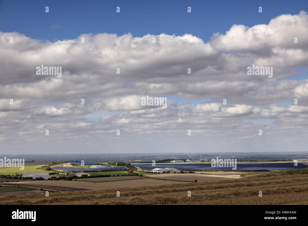 Distant view of a solar farm from the Ridgeway National Trail in Wiltshire Stock Photo