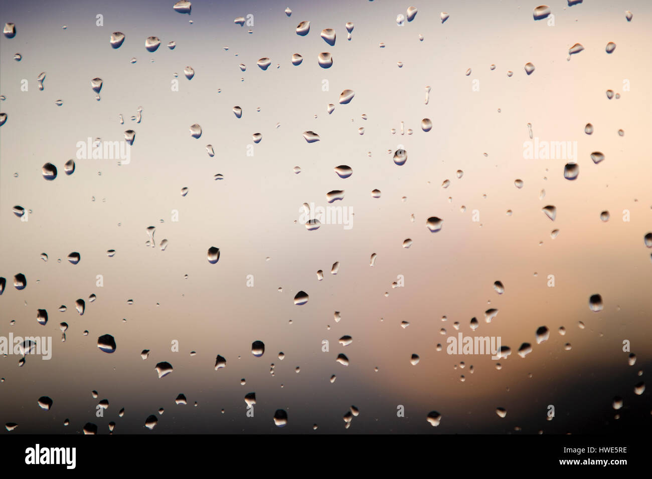 Abstract : Raindrops on a window with the setting sun. Stock Photo