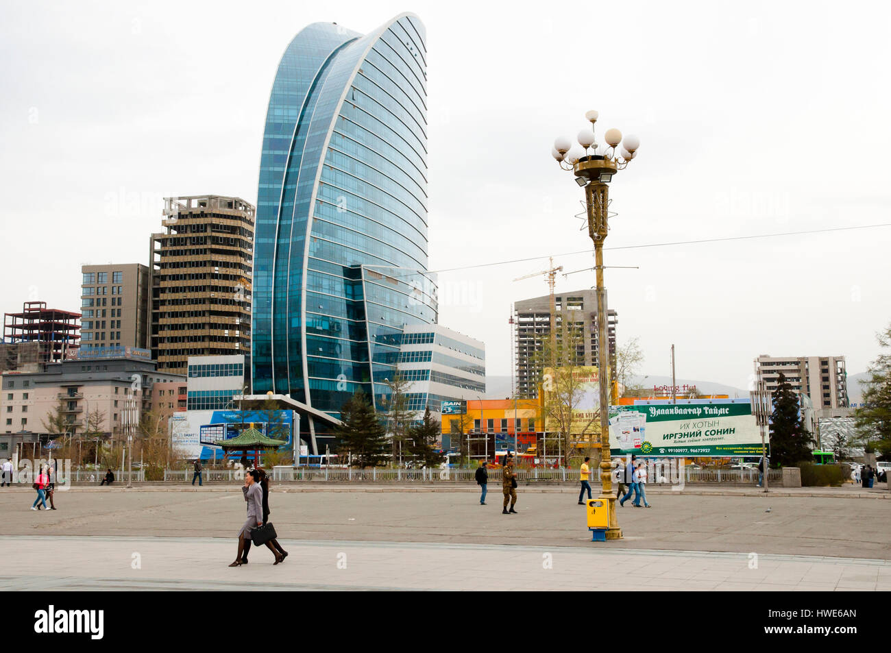 ULAANBAATAR, MONGOLIA - May 10, 2012: Commercial buildings on Chinggis Square in the capital city Stock Photo