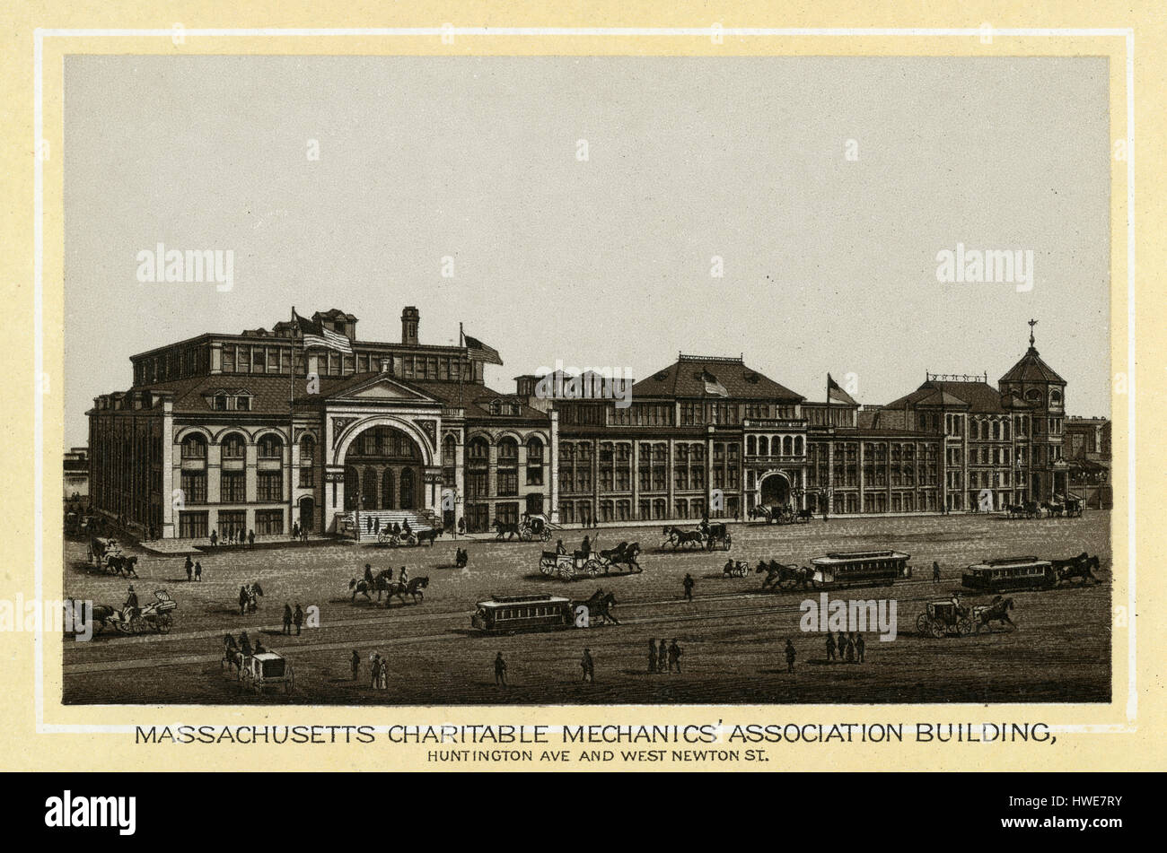 Antique 1883 monochromatic print from a souvenir album, showing the Mechanics Hall in Boston, Massachusetts. Mechanics Hall was a building and community institution on Huntington Avenue at West Newton Street, from 1881 to 1959. Commissioned by the Massachusetts Charitable Mechanic Association, it was built by the noted architect William Gibbons Preston. Printed with the Glaser/Frey lithographic process, a multi-stone lithographic process developed in Germany. Stock Photo